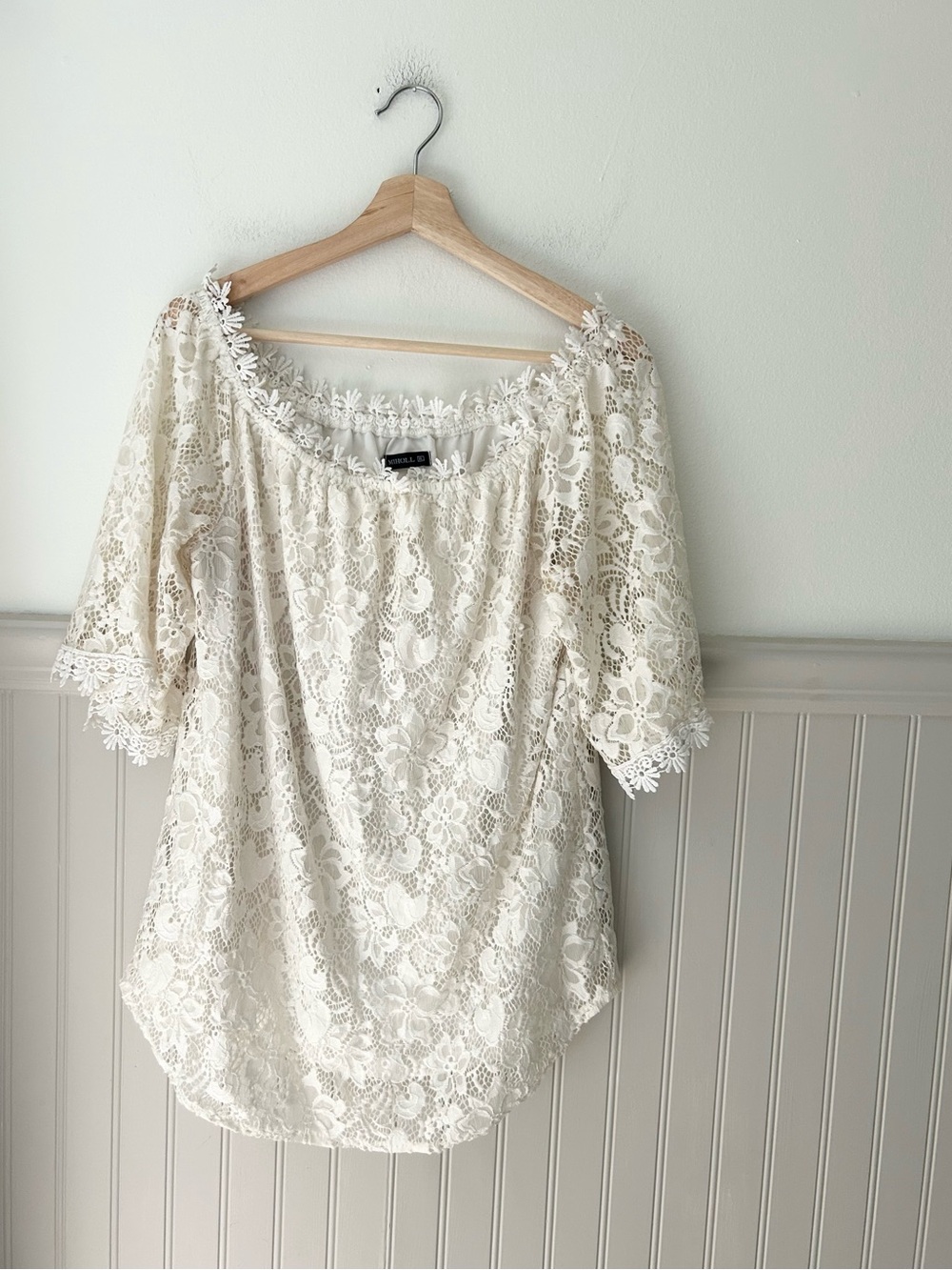 MIHOLL Cream Floral Lace Off Shoulder Blouse Scalloped Hem XL